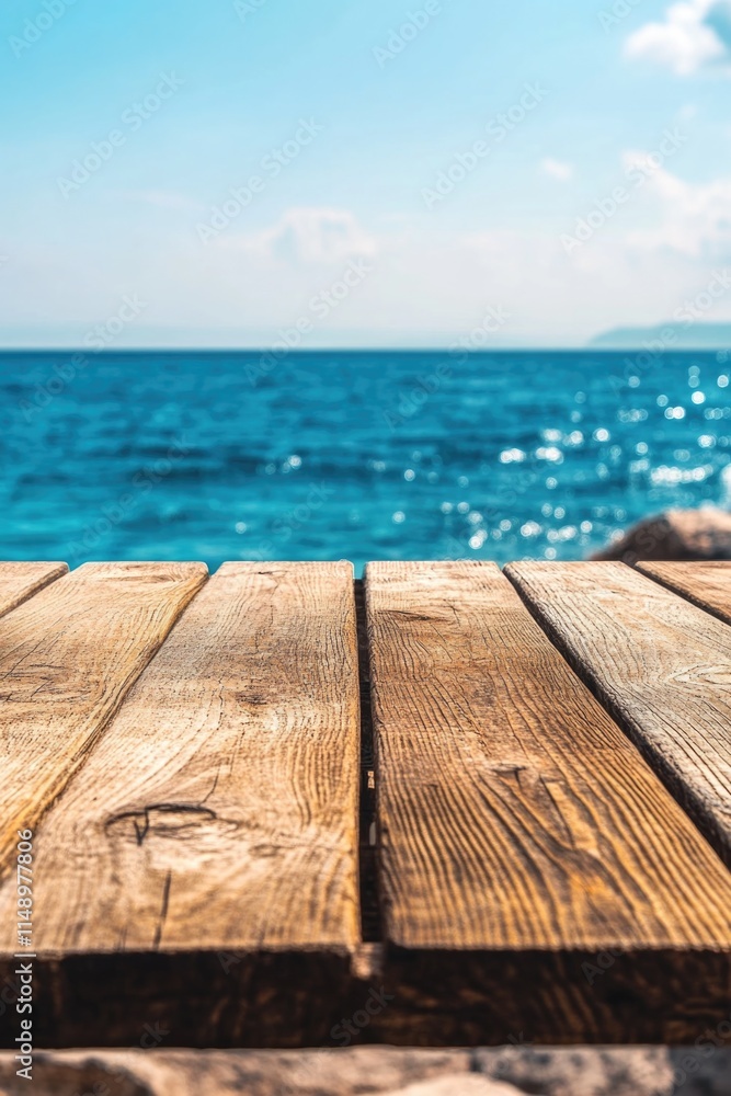 Fototapeta premium Wooden table overlooking the ocean