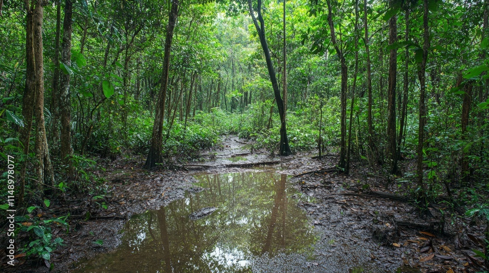 Lush Green Forest Pathway with Reflections in Water Puddle Lush Green Forest Pathway with Reflections in Water Puddle