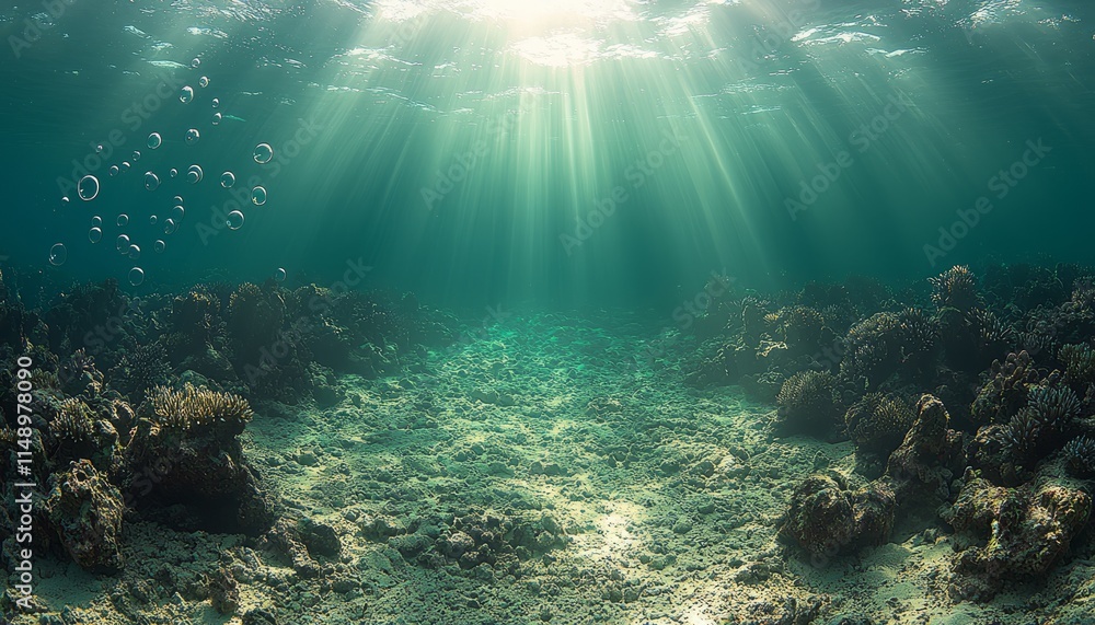 Sunbeams Illuminate Underwater Coral Reef Scene Sunbeams Illuminate Underwater Coral Reef Scene
