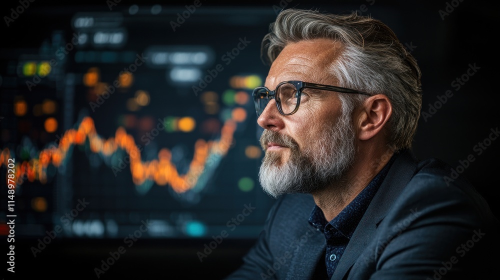 A thoughtful professional analyzes market trends on a digital screen. A thoughtful professional analyzes market trends on a digital screen.