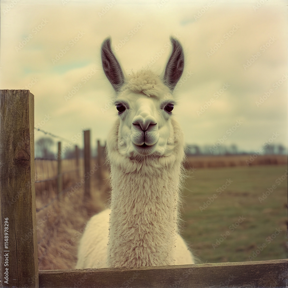 Obraz premium Curious llama standing in pasture on a cloudy day