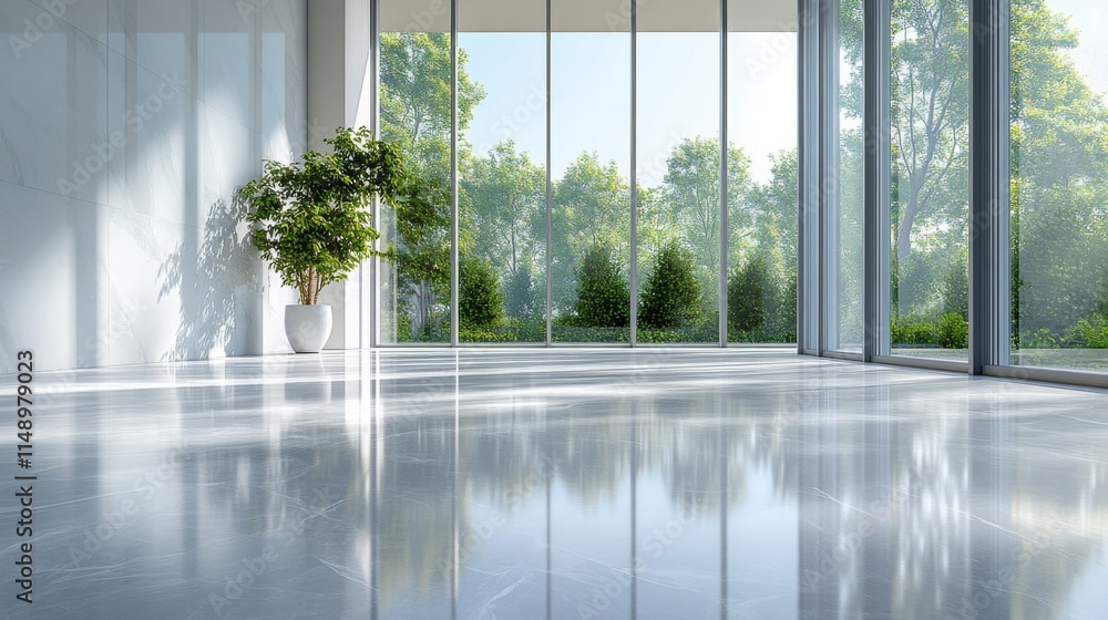 Naklejka premium Modern minimalist room with large windows and tree views