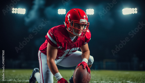 A football player in red uniform crouching, focused on the game ahead, under dramatic lighting and smoky effects.