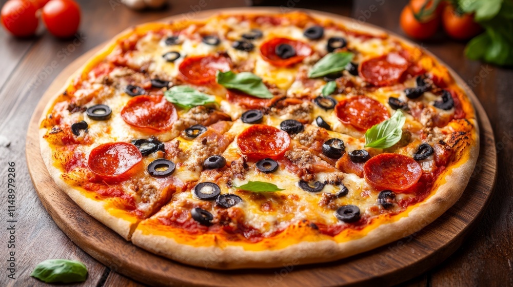 Aromatic Pepperoni Pizza with Olives and Basil Aromatic Pepperoni Pizza with Olives and Basil
