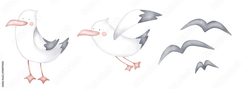 Obraz premium Conjunto de gaviotas pintadas a mano en acuarela, estilo infantil, de cerca y de lejos. Tiernas ilustraciones, ideales para decoraciones infantiles.