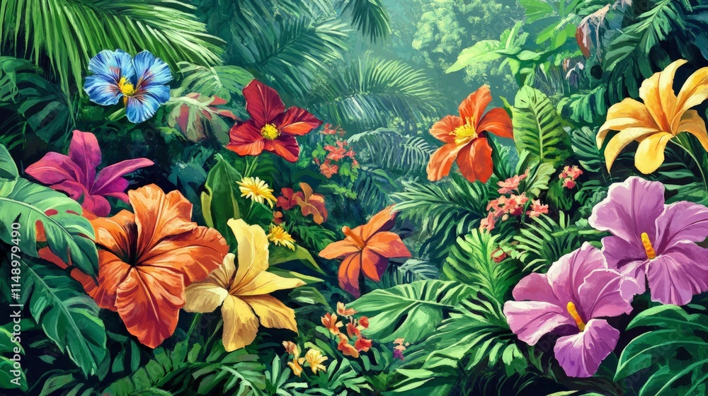 Vibrant Tropical Flora in Lush Jungle Setting with Colorful Flowers Vibrant Tropical Flora in Lush Jungle Setting with Colorful Flowers