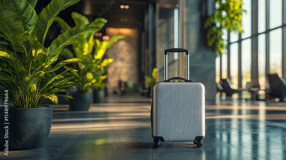 Modern suitcase in sunlit airport lounge with large green plants Modern suitcase in sunlit airport lounge with large green plants