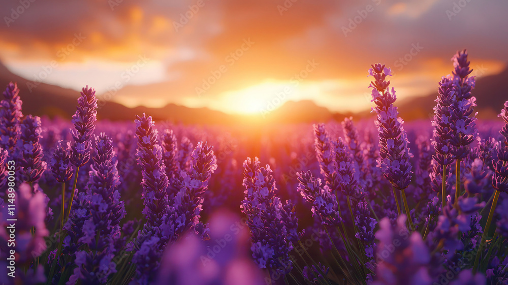 Naklejka premium A serene landscape of a vast lavender field at sunset, with rows of purple flowers stretching into the distance and a warm golden light illuminating the scene, creating a dreamy atmosphere.
