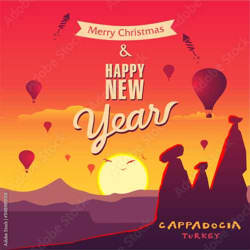 merry christmas and happy new year travel and tourism sunrise cappadocia turkey