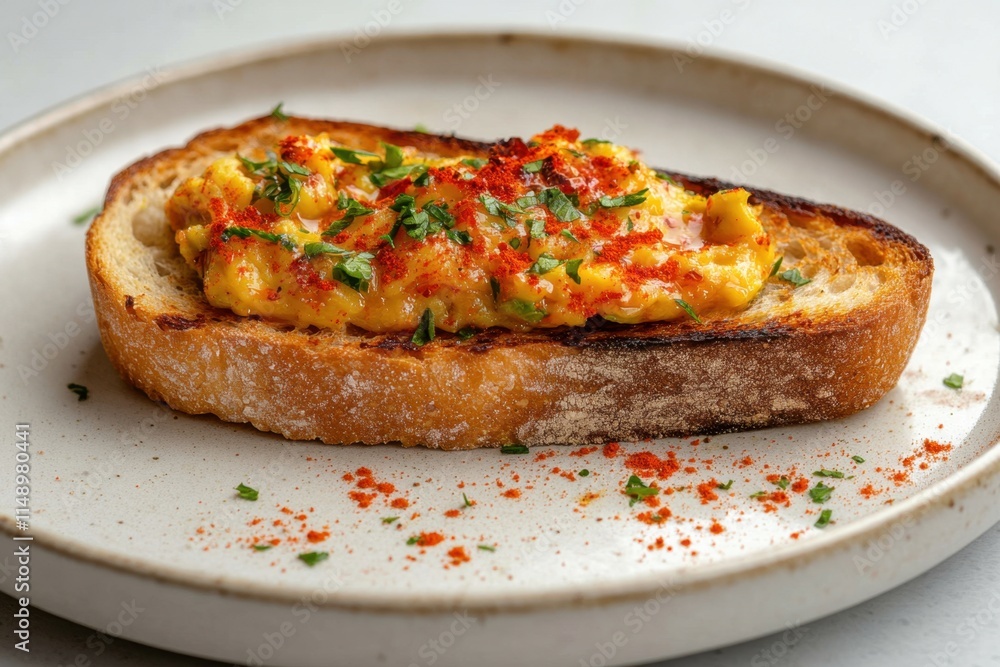 Deliciously toasted bread topped with savory scrambled eggs and herbs on a white plate Deliciously toasted bread topped with savory scrambled eggs and herbs on a white plate