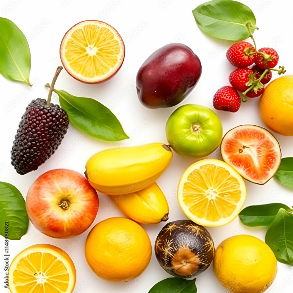 Fresh fruits against white background Fresh fruits against white background