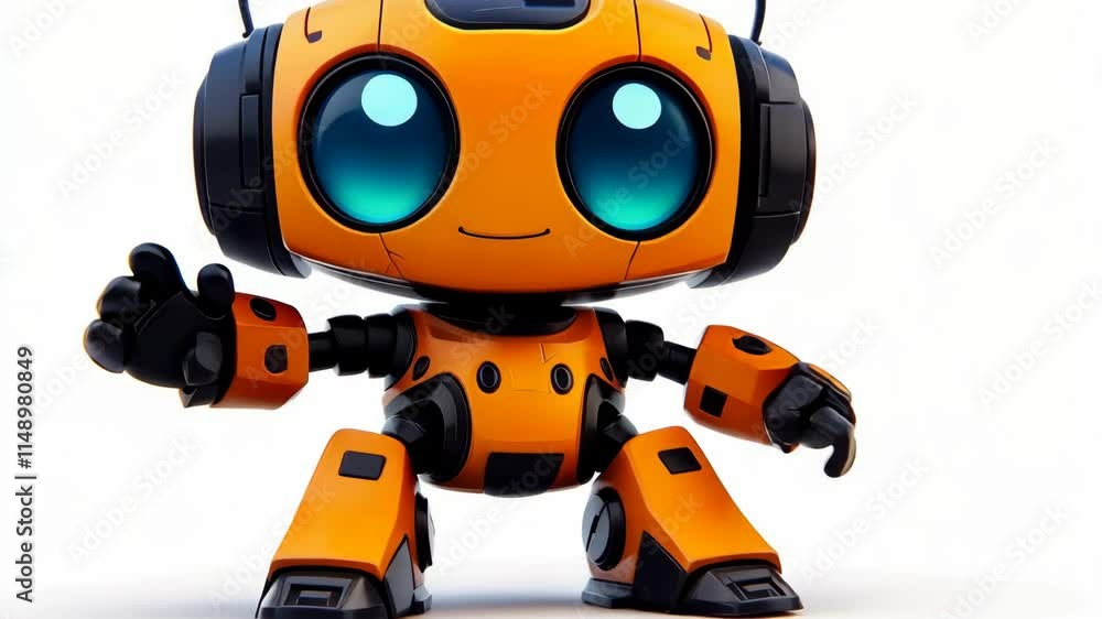Friendly orange robot with large eyes waving cheerfully in a playful pose Friendly orange robot with large eyes waving cheerfully in a playful pose