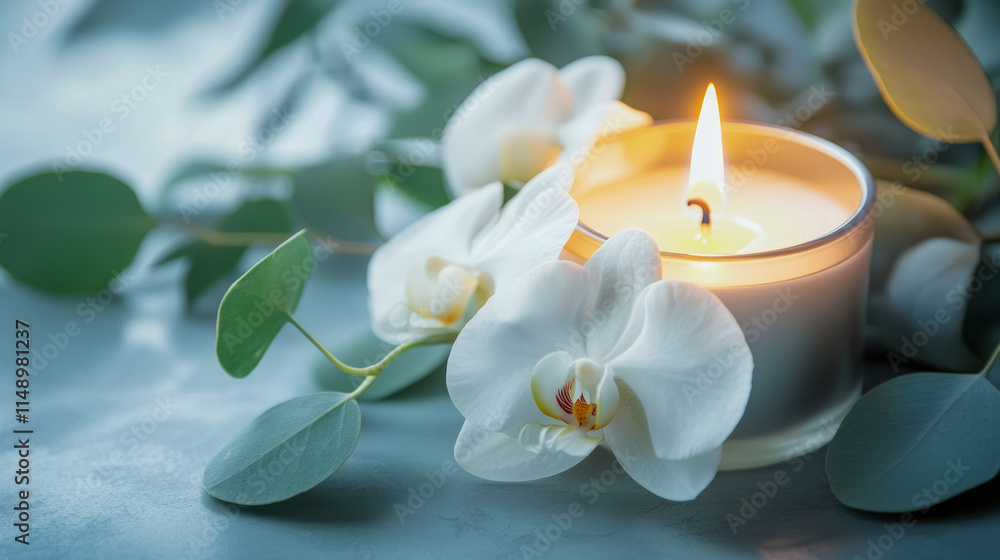 Serene white orchid and eucalyptus candlelit arrangement for relaxation Serene white orchid and eucalyptus candlelit arrangement for relaxation