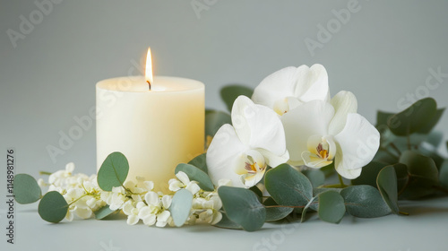 Serenity with lit candle and white orchids surrounded by eucalyptus leaves