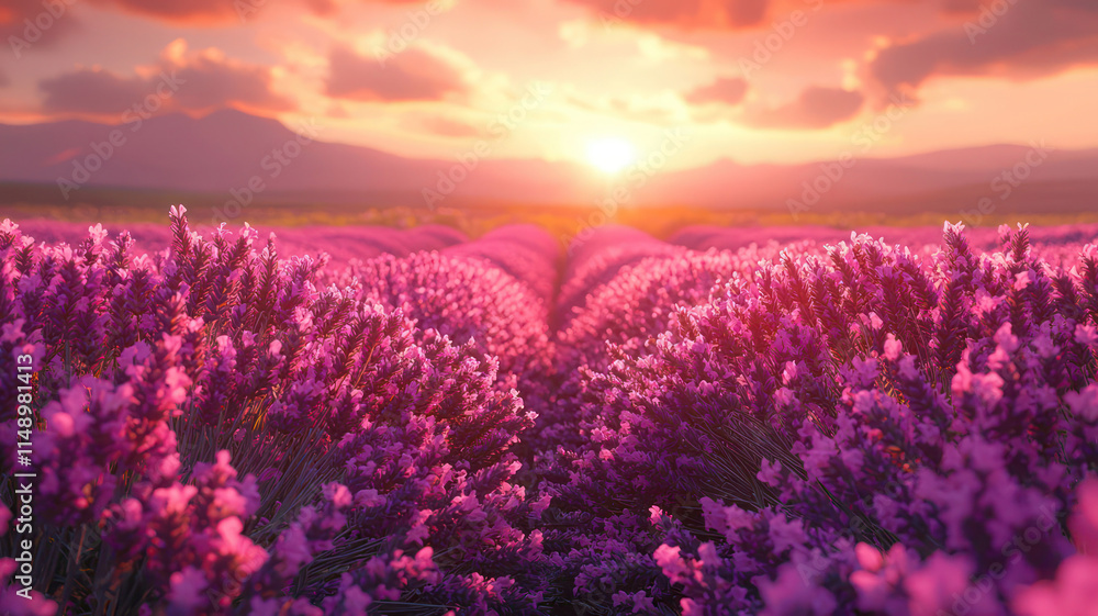 Fototapeta premium A serene landscape of rolling hills covered in lavender fields, with rows of vibrant purple flowers stretching into the distance, and a soft breeze carrying their sweet fragrance through the air.