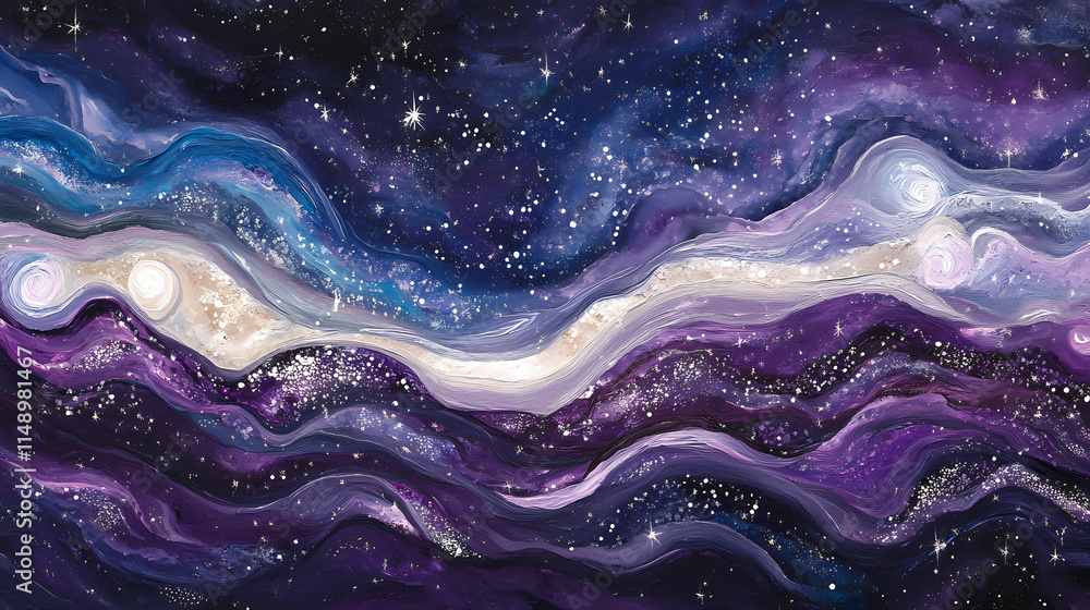 Obraz premium Vibrant purple and blue hues swirl together in a stunning celestial landscape, featuring twinkling white stars and. Celestine. Illustration