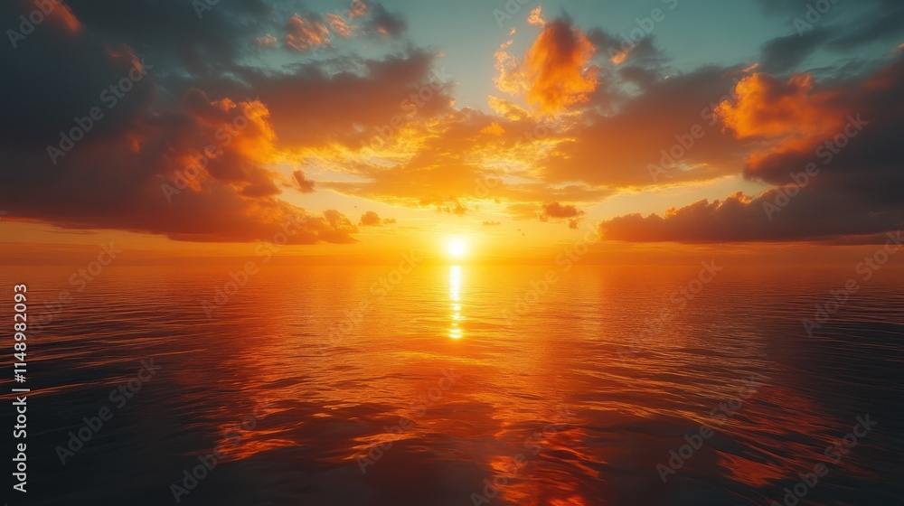 Obraz premium A tranquil sunset over calm waters, reflecting vibrant colors in the sky.