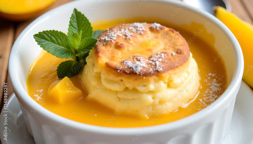 Creamy mango dessert with mint garnish Creamy mango dessert with mint garnish