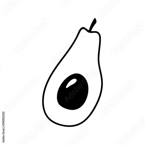 Summer green half of avocado with seed. Hand drawn doodle fruit illustration.