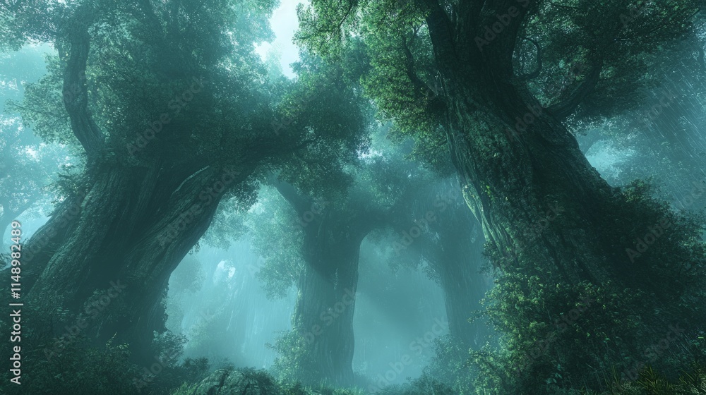 Obraz premium Mystical Forest with Tall Trees and Soft Light in Foggy Atmosphere