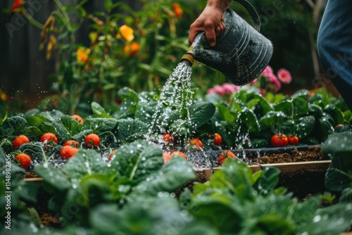 Fototapeta Naklejka Na Ścianę i Meble -  Individual watering vegetable plants in a vibrant home garden surrounded by blooming flowers during daylight in a serene outdoor setting