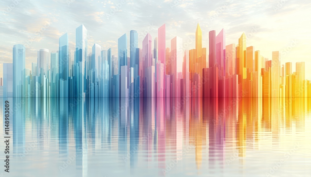 Colorful City Skyline Reflected In Calm Water Colorful City Skyline Reflected In Calm Water