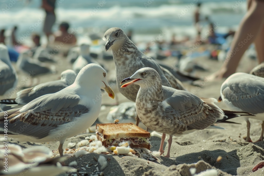 Seagulls gather at the shoreline competing for bread scraps during a sunny day at the beach, creating a lively atmosphere full of splashes and excitement Seagulls gather at the shoreline competing for bread scraps during a sunny day at the beach, creating a lively atmosphere full of splashes and excitement