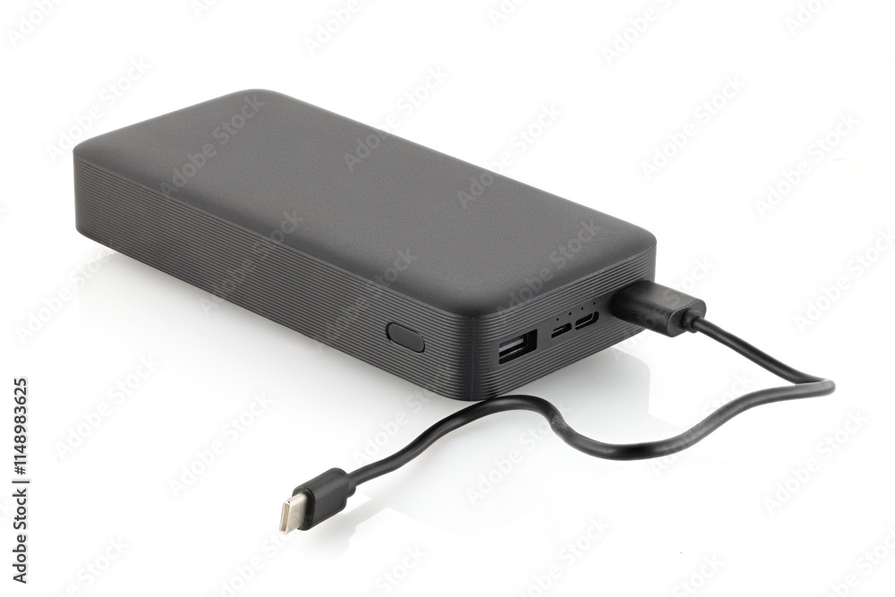 Additional self-contained external battery for charging mobile and other device. Power bank isolated on white background. Full depth of field. Additional self-contained external battery for charging mobile and other device. Power bank isolated on white background. Full depth of field.