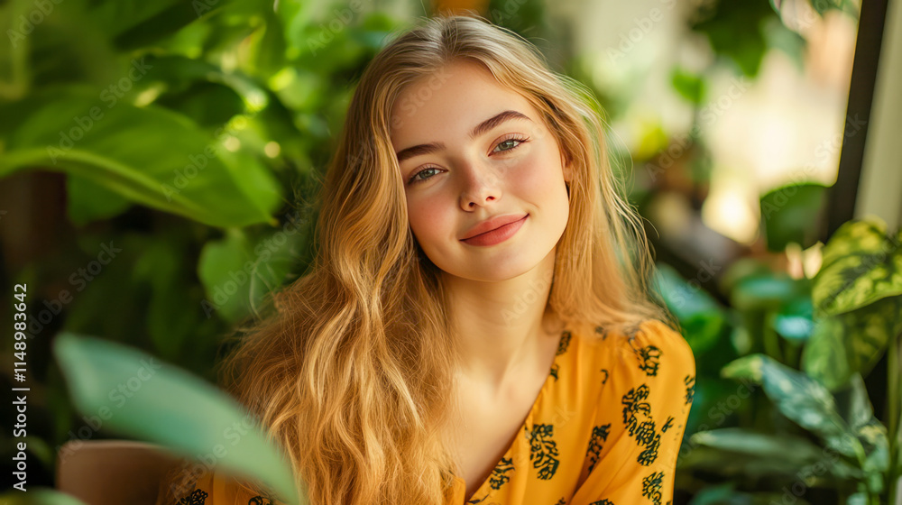 Young caucasian female with long blonde hair in a lush green garden Young caucasian female with long blonde hair in a lush green garden