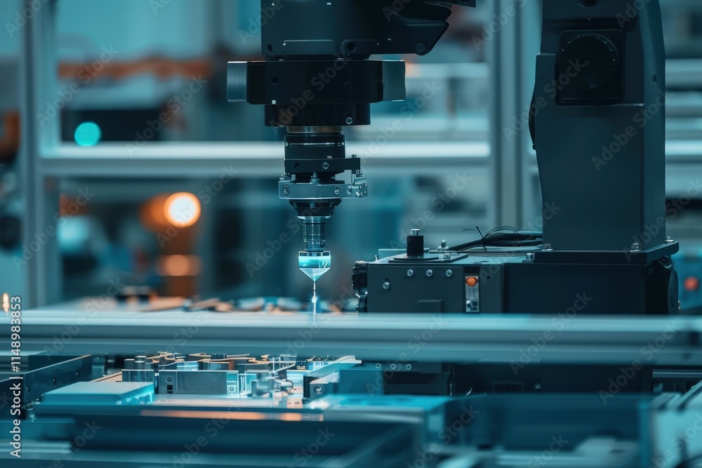 Precision robotic arm engages in intricate assembly tasks within a high-tech manufacturing facility during twilight hours Precision robotic arm engages in intricate assembly tasks within a high-tech manufacturing facility during twilight hours
