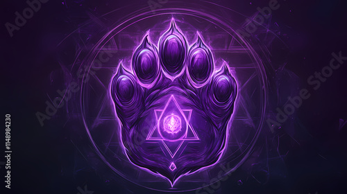 Mystical cat paw sigil: occult-inspired, glowing symbols, deep purple, cat paw shape. Celestine. Illustration photo