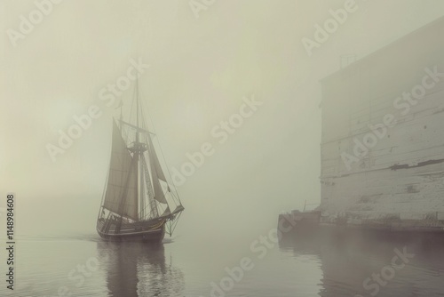 Mysterious ship sailing through fog in a tranquil bay near a rocky coastline during early morning hours photo