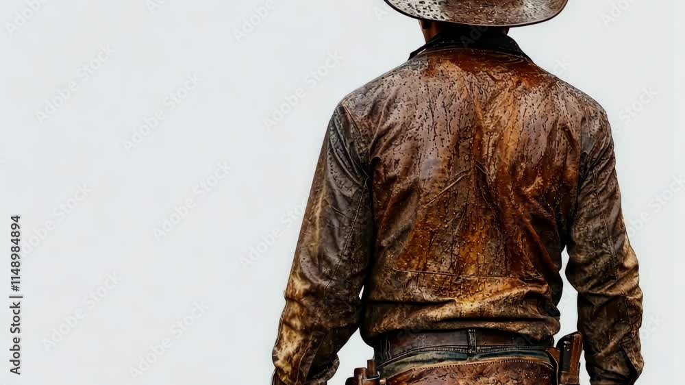 Cowboy stands resolutely as rain dampens his rugged attire in a wild west setting Cowboy stands resolutely as rain dampens his rugged attire in a wild west setting