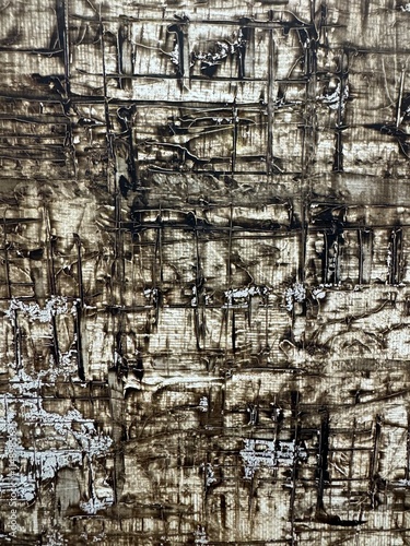 Abstract textured artwork featuring earth tones and intricate patterns on canvas
