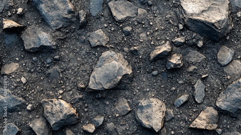 Dark Grey Rocks Embedded In Dark Soil Surface Dark Grey Rocks Embedded In Dark Soil Surface