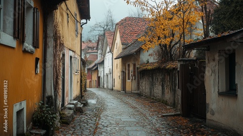 Autumnal Cobblestone Alleyway in a European Town photo