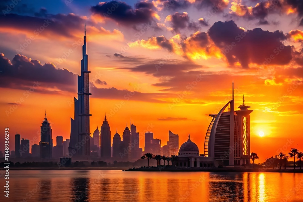 Dubai Luxury Hotel Silhouette, Stunning Desert Sunset, Arabian Nights, Cityscape Panorama, Elegant Architecture, High-Rise Buildings Dubai Luxury Hotel Silhouette, Stunning Desert Sunset, Arabian Nights, Cityscape Panorama, Elegant Architecture, High-Rise Buildings