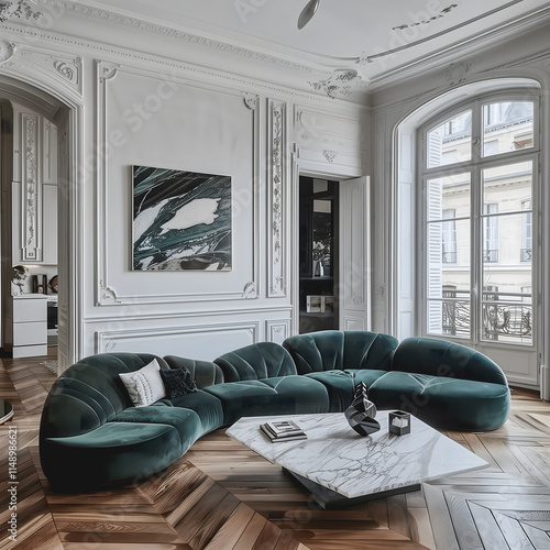 Salon raffiné avec un canapé courbé et une table basse en marbre blanc. photo