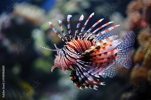 Striking underwater moment featuring a vibrant lionfish swimming through coral reefs in tropical waters during daylight hours