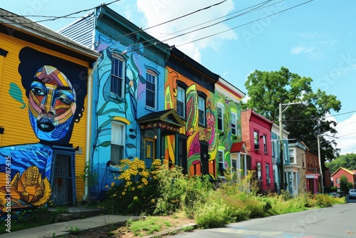 Colorful mural covers a building in a vibrant urban setting showcasing nature and imagination on a sunny day photo