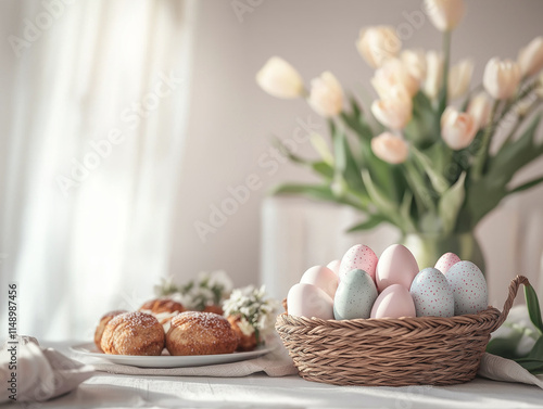 A traditional Easter table with pastel eggs in a woven basket, homemade pastries, and blooming tulips surrounded by rustic decor and ample white space Generative AI photo