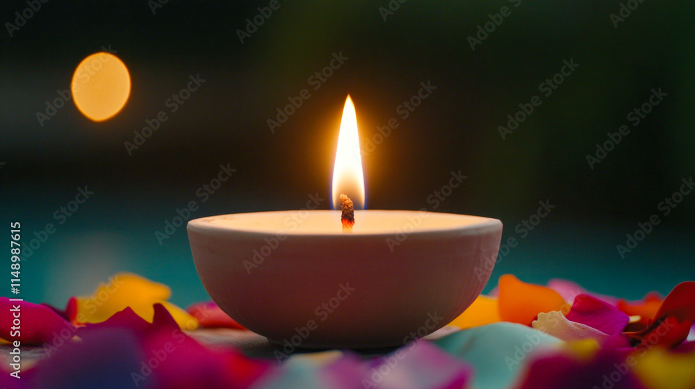 Serene candlelight in a bowl surrounded by colorful petals Serene candlelight in a bowl surrounded by colorful petals