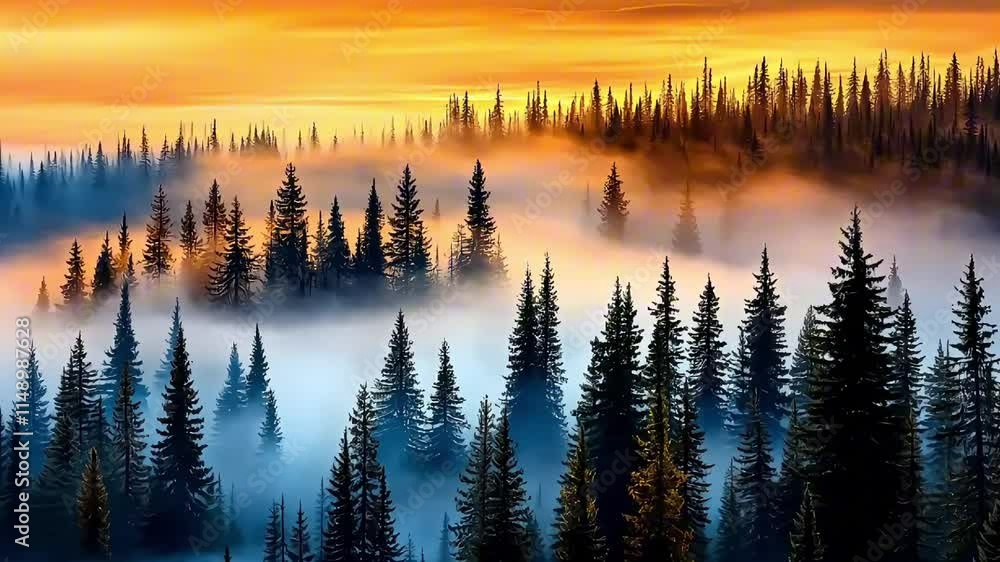 A stunning sunrise paints the sky in orange and gold, illuminating a serene forest covered in soft mist. Tall evergreen trees stand majestically in the tranquil morning light A stunning sunrise paints the sky in orange and gold, illuminating a serene forest covered in soft mist. Tall evergreen trees stand majestically in the tranquil morning light
