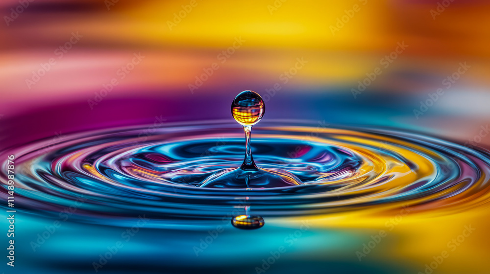 Vivid colorful water drop splash with rippled reflection Vivid colorful water drop splash with rippled reflection