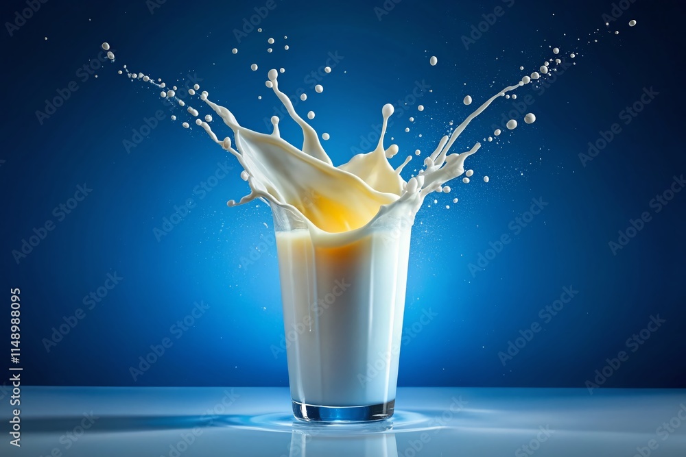 Dynamic Milk Splash Panoramic Photography - AI Generated Image, Blue Background, Isolated Milk Glass Dynamic Milk Splash Panoramic Photography - AI Generated Image, Blue Background, Isolated Milk Glass