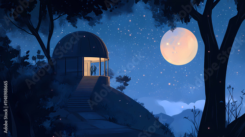 Celestial observatory adventure: mystical, atmospheric, ambient, indigo, starry canopy. Celestine. Illustration photo