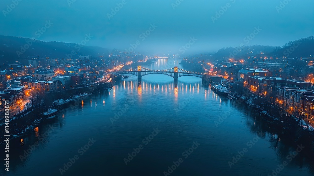 A serene evening view of a city bridge illuminated by lights over a calm river. A serene evening view of a city bridge illuminated by lights over a calm river.
