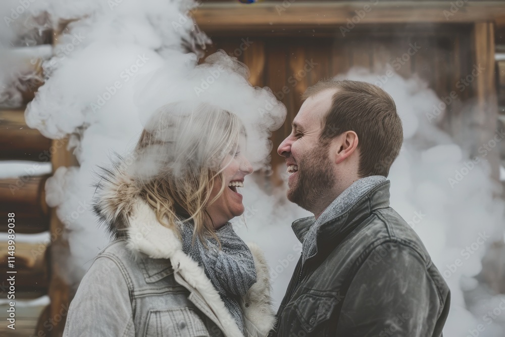 Couple enjoying a winter day in a snowy landscape while sharing laughter and warmth Couple enjoying a winter day in a snowy landscape while sharing laughter and warmth