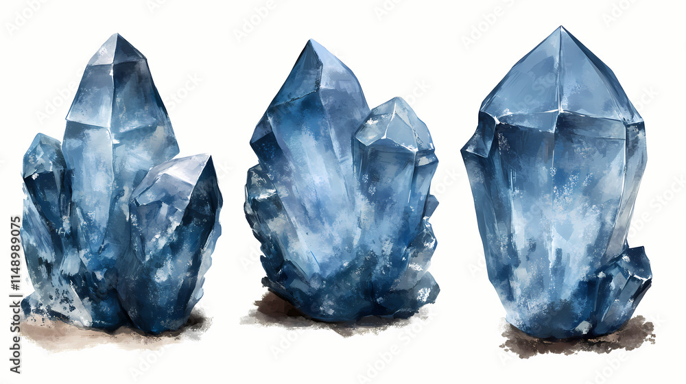 Fototapeta premium Celestite collection: heavenly 3d digital art of blue gemstone. spiritual crystal set for meditation and healing energy, isolated on transparent background. Celestine. Illustration