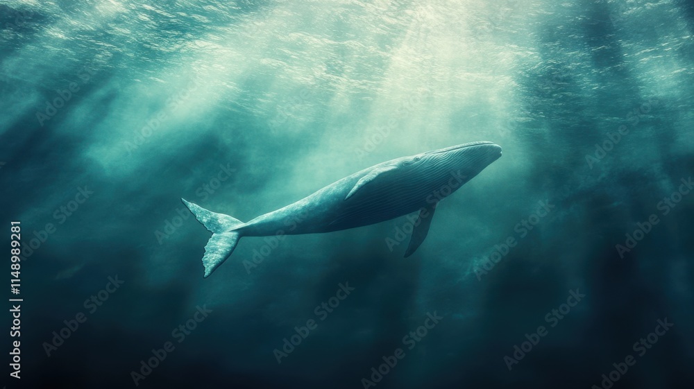 Fototapeta premium Blue whale swimming in polluted waters, oil slicks and microplastics visible